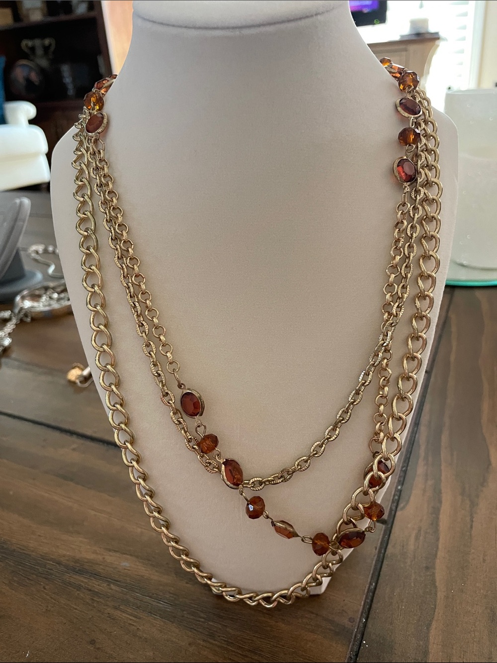 Multi-Strand Gold-Tone Layered Chain Statement Necklace with Amber Faux Beads
